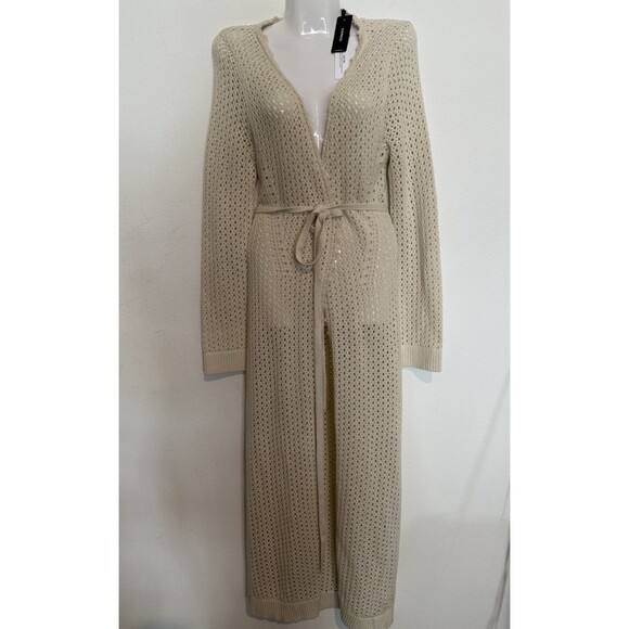 Express Sweaters - Crochet Boho Duster XS Ivory Womens Festival Hippie Long Cardigan Belted New